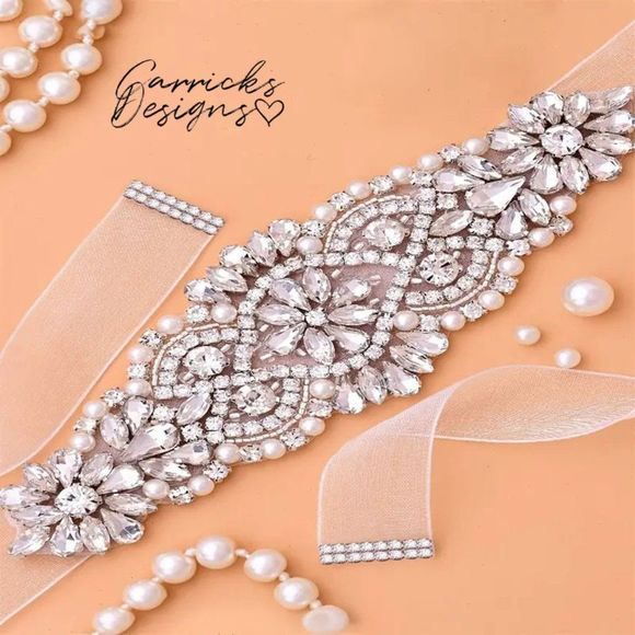 Rhinestone and Pearl Bridal Wedding Dress Belt Waist Chain Sash - Picture 5 of 10